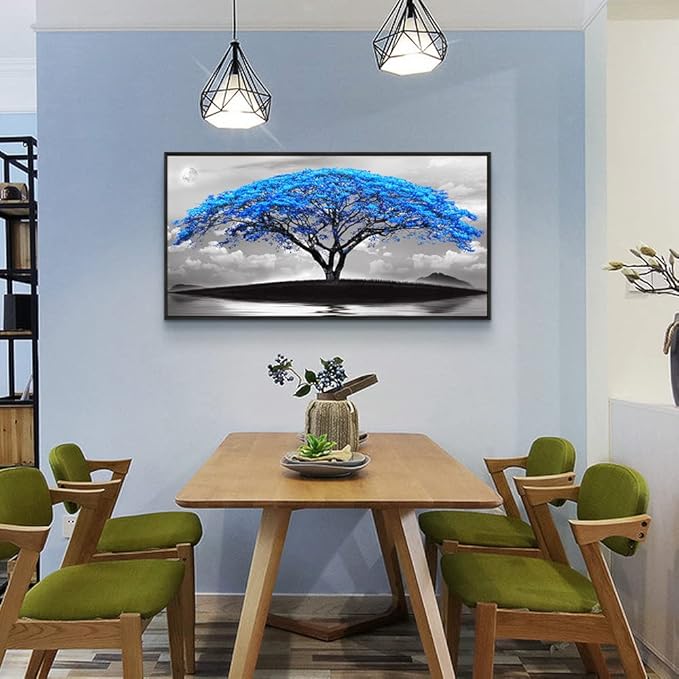 Framed Canvas Wall Art For Living Room Large Size Office Wall Decor Bedroom Decor Wall Pictures Artwork Black And White Landscape Blue Tree Moon Wall Painting Home Decorations Black Frame 20" X 40"