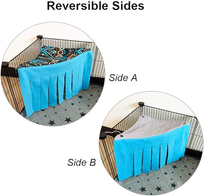 RIOUSSI Guinea Pig Hideout Hideaway Corner Fleece Toys Cage Accessories with Reversible Sides, Geo/Gray+Blue x 1 Curtain