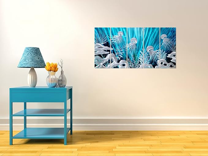 SYGALLERIER Jelly Fish Large Metal Wall Art Hand Grind Aluminum Artwork 3D Undersea World Coastal Pictures Nautical Decor for Living Room Bedroom