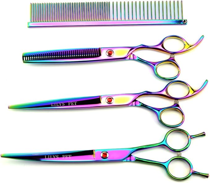 LILYS PET Professional PET Grooming scissors Kit,Coated Titanium,Sharp and Strong Stainless Steel Blade for Dogs Cats Hair Cutting,3 Pieces of Scissors with a Comb and a Case (7.0 inches, Rainbow)