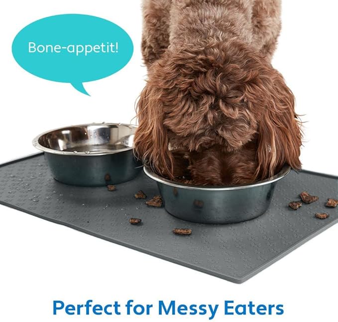 MIGHTY MONKEY 100% Waterproof Dog Food Mat, Raised Edges Silicone Pet Feeding Placemat for Cat, Dogs, Pet Bowls, High Lipped Tray Prevents Water Spills, Food on Floor, Dishwasher Safe, 22x14, Gray