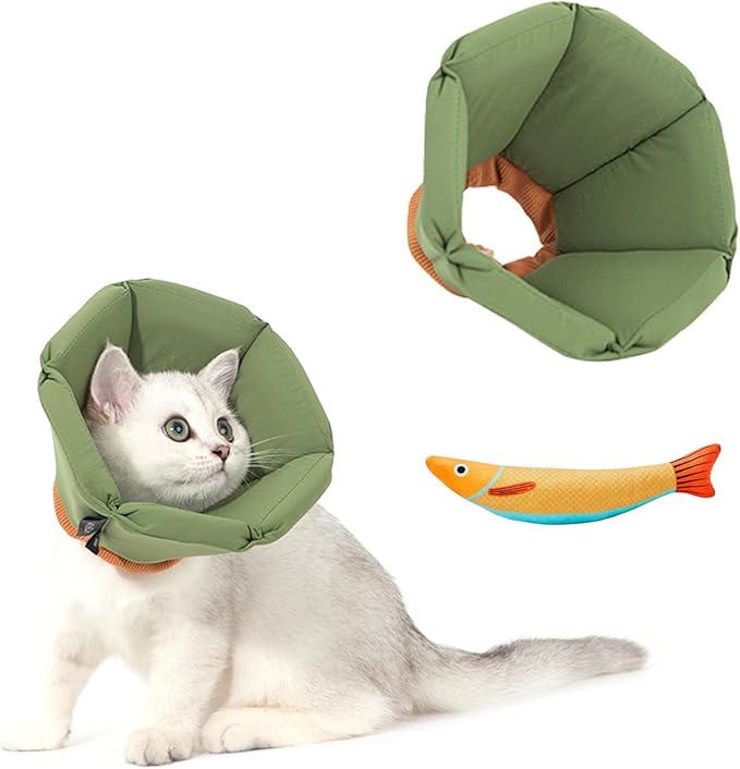Cat Dog Cone Collar - Soft Waterproof Elizabethan for Cats, Cute Green Flower Anti-Lick Recovery Collar, Adjustable Healing Collar for Wound Care & Surgery with a pet Toy Fish，S