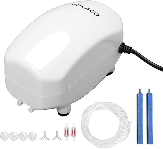PULACO 210 GPH Ultra Quiet Aquarium Air Pump Dual Outlet, Fish Tank Aerator Pump with Accessories, Under 300 Gallon Fish Tanks