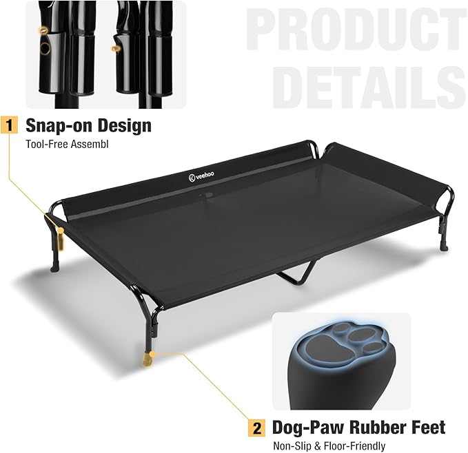 Veehoo Cooling Elevated Dog Bed, XL Raised Pet Cot with Guardrail & Slope Headrest, Durable Breathable Teslin Mesh, Non-Slip Feet, Washable Dog Couch Bed for Indoor & Outdoor, 50.5" x 33.5, Black