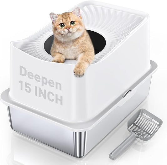 Stainless Steel Cat Litter Box, Large Top Entry Litter Box for Big Cats, Enclosed Kitty Litter Pan with Lid, Metal Cat Box Never Absorbs Odors, Easily Cleaning, Include Scoop