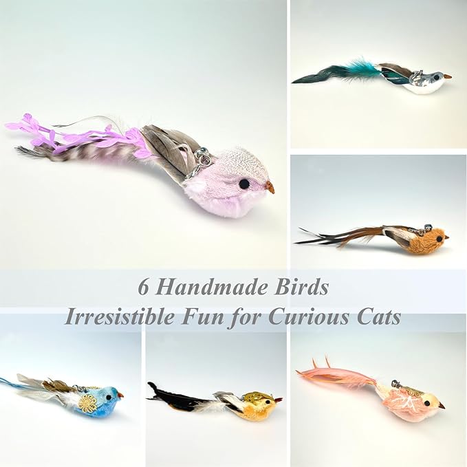 12PCS Interactive Cat Feather Wand Toy Set – 11 Bird & Feather Teaser Refills with Bells + Flexible Suction Cup Wand – Realistic Bird Design, Natural Materials, Indoor Cat Toys for Exercise & Play