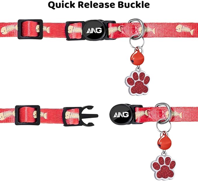 Personalized Breakaway Cat Collars Glow-in-The-Dark with ID Tag, Bell - Safety Quick - Release, Customizable for Female Male Kittens & Cats (Red)