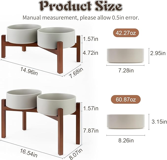 SPUNKYJUNKY Raised Ceramic Dog Bowls Set with Non-Slip Acacia Wood Stand for Medium Sized Dog(42.27 OZ, Gray)