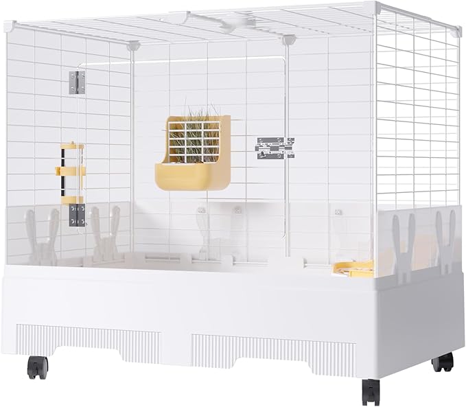 Oneluck Indoor Bunny Cage with Pull-Out Tray,Wheels and Transparent Panel，Rabbit, Guinea Pig, Chinchillas, and Small Animal Condo