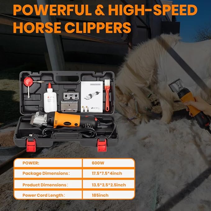 Horse Clippers Professional Electric horse Grooming Kit, Shaving Equine Clippers for Horses Goat Cattle Thick Coat Animals, 6 Speeds Large Heavy Duty Farm Livestock Haircut Trimmer （600W, 2 Blades）
