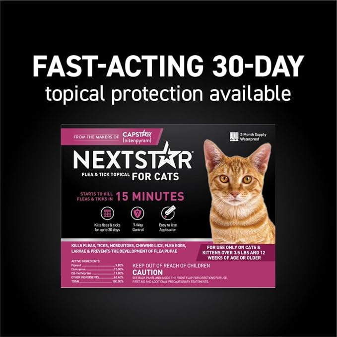 Flea and Tick Prevention for Cats, Repellent, and Control, Fast Acting Waterproof Topical Drops for Cats Over 3.5 lbs, 3 Month Dose