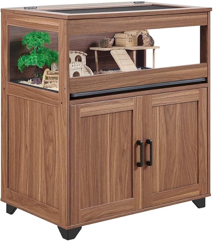 unipaws Hedgehog Cage with Storage Cabinet, Hamster Cage for Rat and Guinea Pigs, Clear Transparent PVC Visual Small Animal Cage with Tray, Hamster Enclosure, Walnut