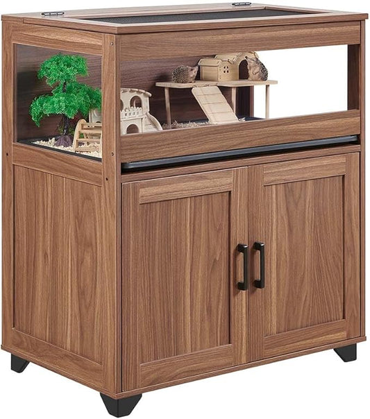 unipaws Hedgehog Cage with Storage Cabinet, Hamster Cage for Rat and Guinea Pigs, Clear Transparent PVC Visual Small Animal Cage with Tray, Hamster Enclosure, Walnut