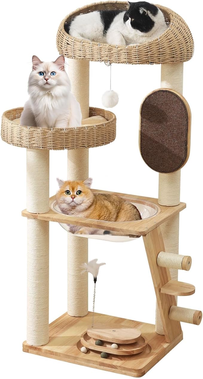 Solid Wood Cat Tree, 50 Inch Modern Cat Tower with Space Capsule, Hand-Woven Basket Nest, Sisal Posts & Scratching Board, Heavy-Duty Multi-Level Indoor Tower