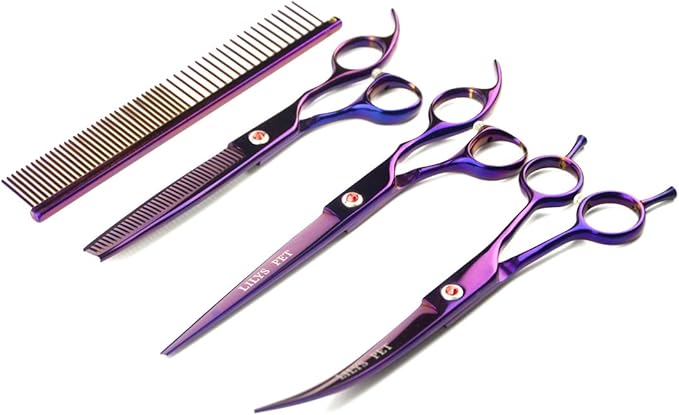 LILYS PET Professional PET Grooming Scissors Kit,Coated Titanium,Sharp and Strong Stainless Steel Blade for Dogs Cats Hair Cutting,3 Pieces of Scissors with a Comb and a Case (7.5 inches, Purple)