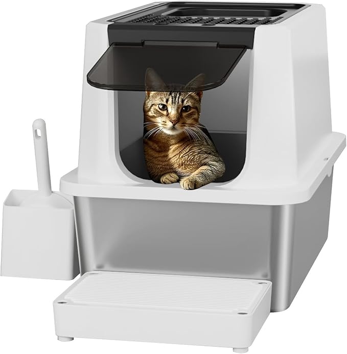 RIZZARI Stainless Steel Cat Litter Box, Odorless Enclosed Litter Box with Top Holes, Large Litter Pan for Small to Large Sized Cats (Black, 24" L*16" W*18" H)