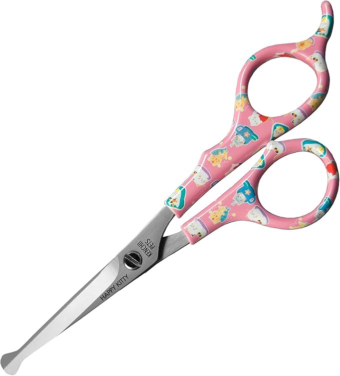Kenchii Happy Kitty Ball Tip Shears Trimming Scissors for Cats | Pet Grooming Kitten Essentials | Stainless Steel Safety Blunt Tip Scissors | 5.5 In