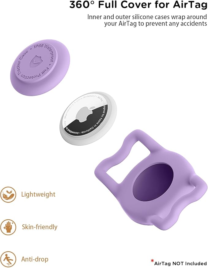 IP68 Waterpoof Dog Airtag Holder, Stretchy Silicone Full Body Covered Apple Air Tag Holder for Dog Cat Collar Fit All Width Collar (Purple, 1 Pack)