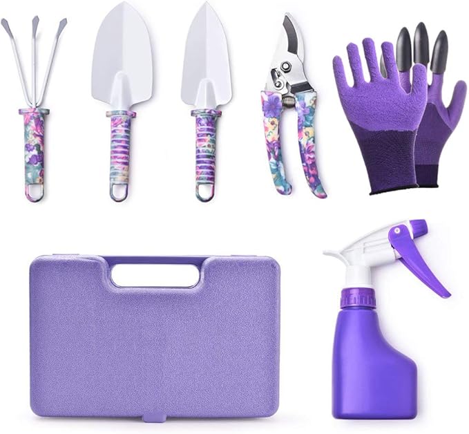 6 Pieces Garden Tools Set Planting Tools, Non-Slip Handle with Anti-Rust Trowel, Cultivator, Pruning Shear, Water Sprayer and Carrying Case, Gloves with Claws