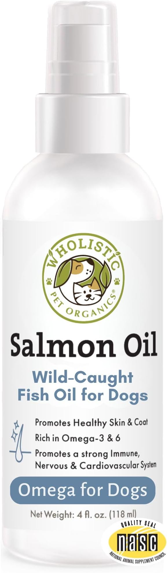 Wholistic Pet Organics Salmon Oil: Deep Sea Wild Alaskan Salmon Oil for Dogs - Omega 3 Dog Fish Oil with EPA and DHA for Skin, Coat, Heart and Nervous System Health - 4 Oz