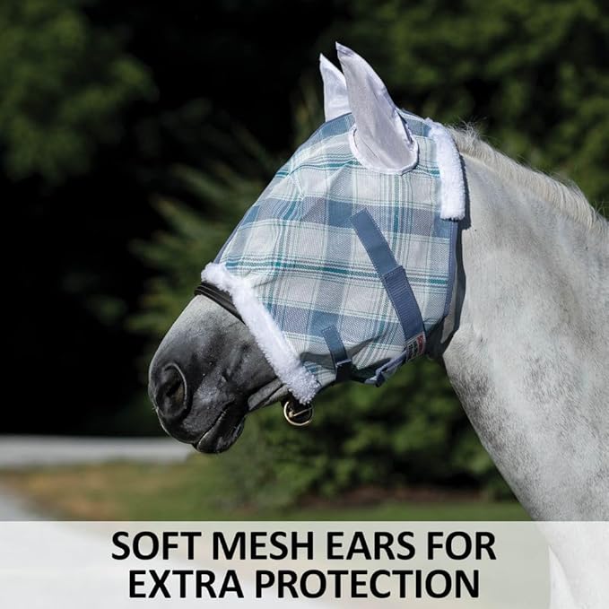 Schneiders Dura-Mesh Plaid Fly Horse Mask with Ears | Ultra-Durable 1000D Mesh | 70% UV Protection | Breathable Open Weave | Color Blue Plaid | Size Cob