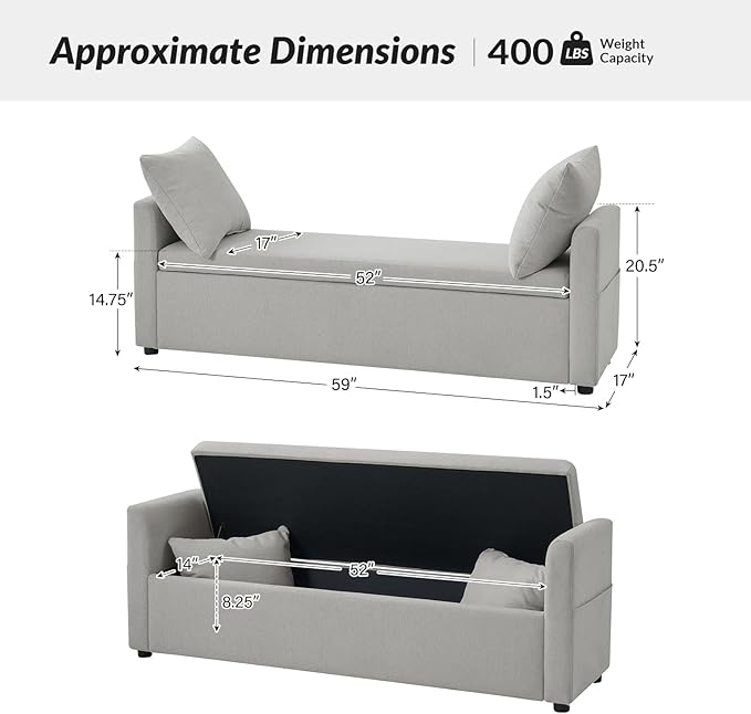 HULALA HOME Modern Storage Ottoman Bench with Throw Pillows, 59" Extra Long End of Bed Bench with Storage Pocket, Comfy Upholstered Footstool for Bedroom Entryway Living Room, Grey