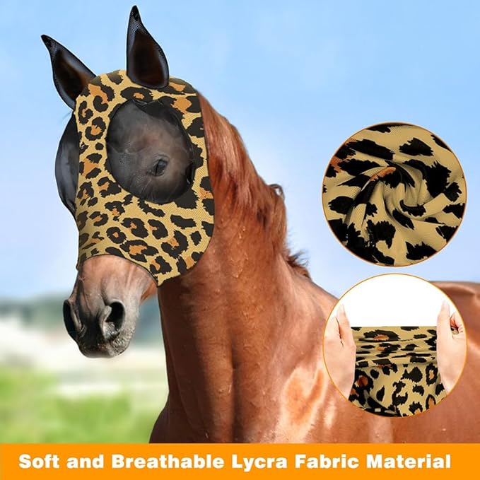 Horse Fly Mask with Ears - Comfort Fit, Durable & Breathable, Easy to on/Off | UV Protection, Large Eye Space, Stretchy Leopard Print (2pcs Medium, Tangle-Free)