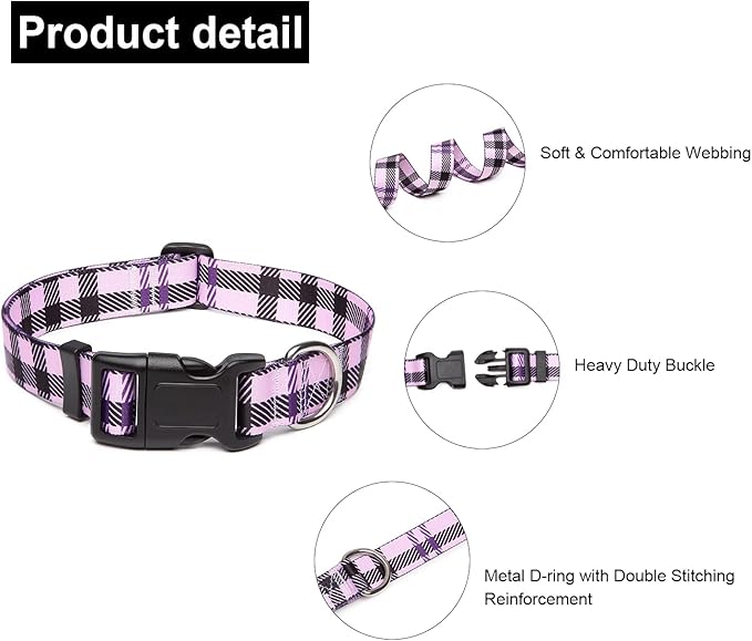 Mercano Adjustable Dog Collar - Special Design Patterns, Soft Nylon Comfortable Durable Pet Collar for Small Medium Large Dogs (XS, Purple Plaid)