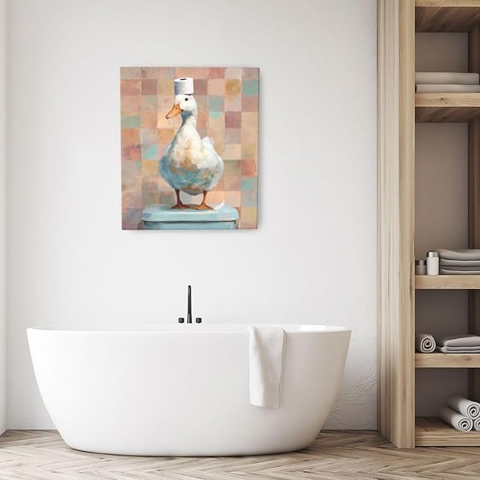 Funny Duck Bathroom Wall Art Cute Duck on Toilet Canvas Wall Decor Funny Quirky Farm Animal Pictures Painting Print Framed Artwork Decorations Gifts for Bathroom 20"x24"