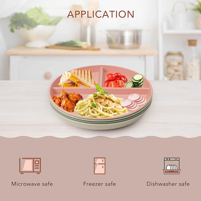 greenandlife 10 Inch 4PCS Unbreakable Portion Control Plates, Divided Plates for Kids Adults, Dishwasher & Microwave Safe Compartment Plate, Lightweight Reusable Wheat Straw Plate, BPA Free