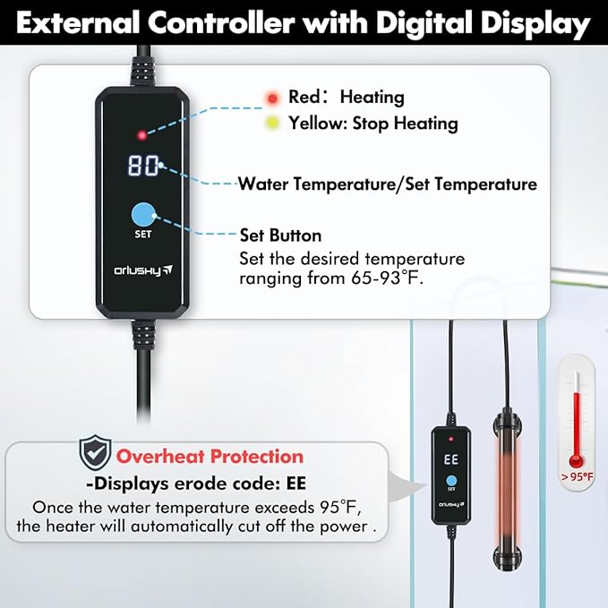 Orlushy 50W Submersible Mini Fish Tank Heater, Adjustable Aquarium Heater with Digital Display External Controller, Overheat Protection and Free Thermometer for 5-10 Gallon Freshwater & Saltwater Tank