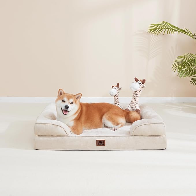 EHEYCIGA Orthopedic Dog Beds for Extra Large Dogs, Waterproof Memory Foam XL Pet Bed with Sides, Non-Slip Bottom and Egg-Crate Foam Big Dog Couch Bed with Washable Removable Cover, Beige