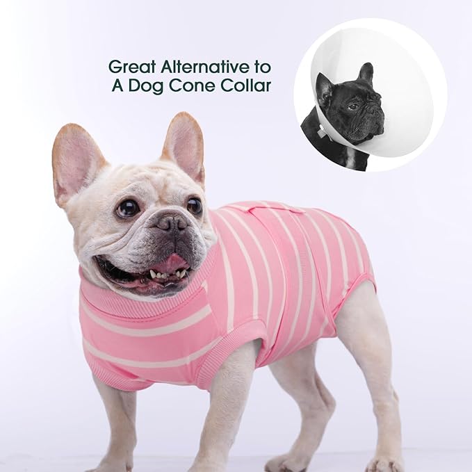 Kuoser Recovery Suit for Dogs After Surgery, Soft Dog Surgery Suit Female Anti Licking Dog Onesie E-Collar & Cone Alternative, Breathable Pet Surgical Recovery Shirt, Pink Strips L