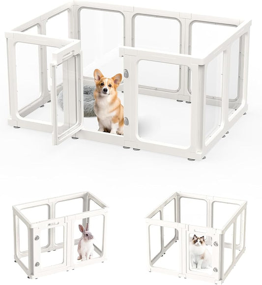 Dog Playpen, Clear Acrylic Plastic Puppy Playpen Indoor, Pet Pen for Puppy Cat Bunny, Transparent Easy Assemble Foldable Whelping Box for Dogs, Puppy Playpen with Gate (23.6" Height, 10PCS)