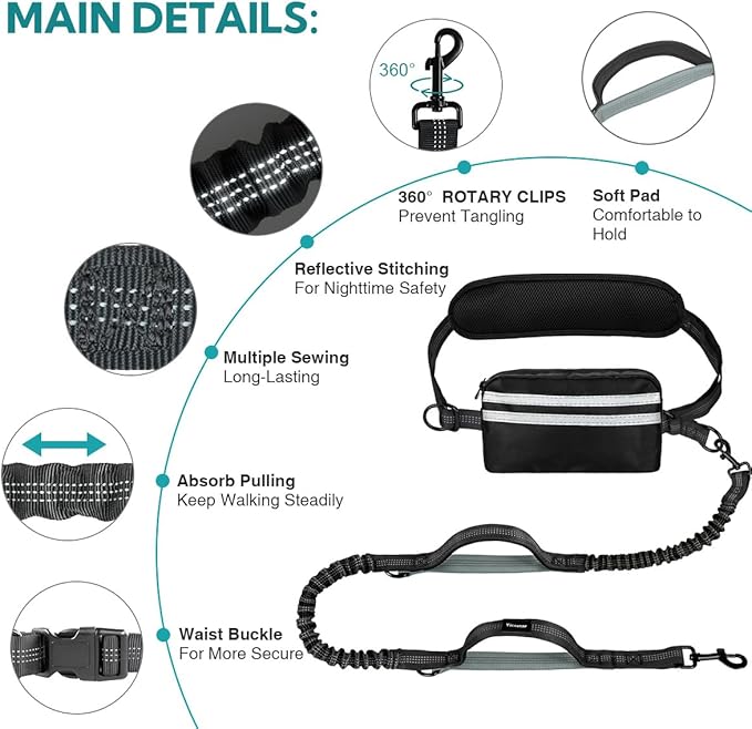 Hands Free Dog Leash with Pouch, Retractable Bungee, Double Padded Handles for Walking, Waist Leash for Medium & Large Dogs, Walking Accessories