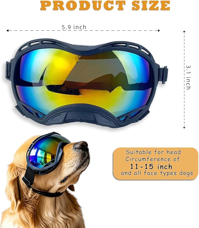 Dog Goggles for Large Breeds Anti-UV Sunglasses for Medium to Large Dogs, Windproof, Dustproof, Snowproof Eye Protection, Soft Frame Pet Goggles for Outdoor Activities (Colored Lens)