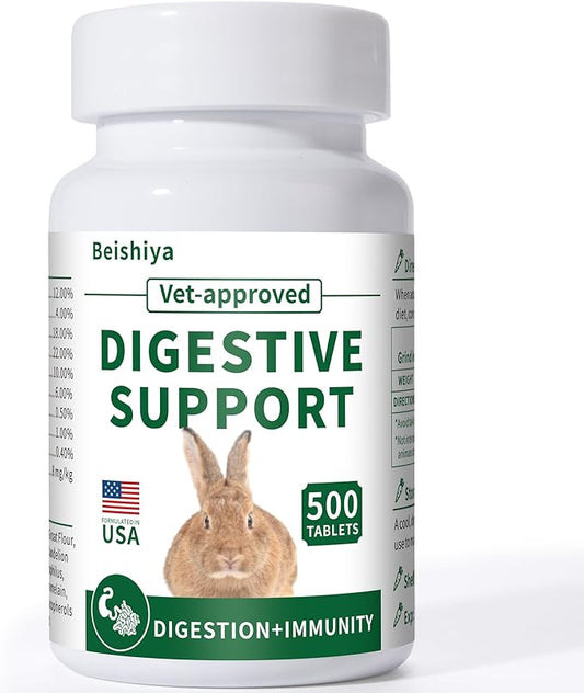 500 Tablets, Digestive Support Rabbit, Support GI Stasis, Bloat, Constipation, and Diarrhea, Strengthens Immune System, Premium Formula with High Fiber, Vitamins and Probiotics, Non-GMO