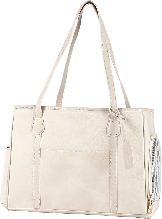 Stylish Dog Purse Carrier, Leather Pet Carrier Bag for Small Dogs Cats Puppy, Airline Approved Soft-Sided Carrier Beige