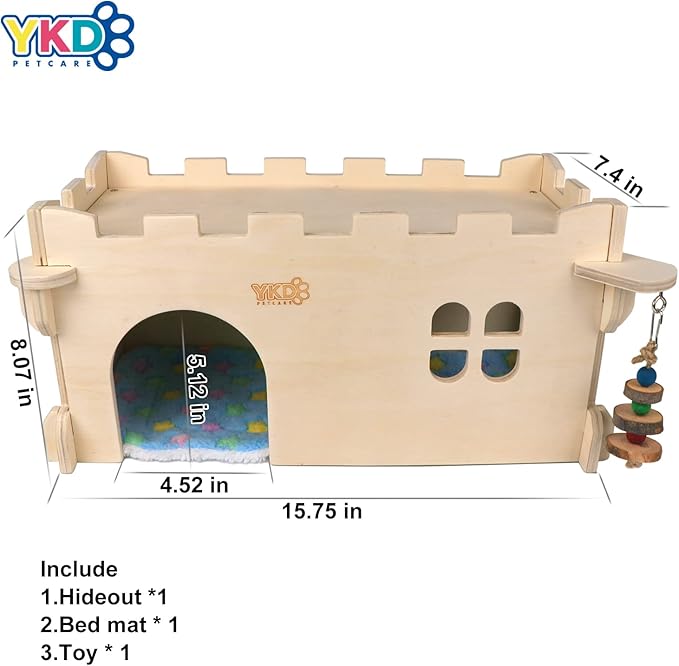 Castle Chinchilla House - Small Animal Hideout for Chinchilla Guinea Pig Hedgehog, or Rat - Ventilated Wooden Guinea Pig Hut Habitat with Multiple Doors (Large)