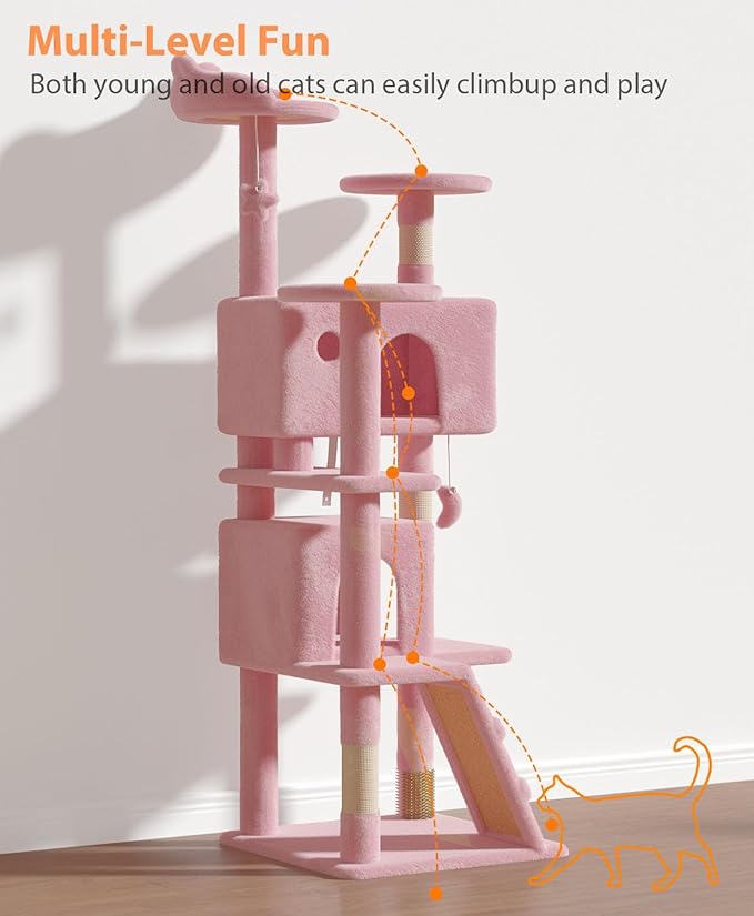 60'' Cat Tree Tower for Indoor Cats Large Adult,Cute/Tall Modern Cat Tree for Big Cats 20 lbs, Plush Multi-Level Cat Condo with Scratching Posts,Dangling for Fun Play (Soft Pink, 60 inch)