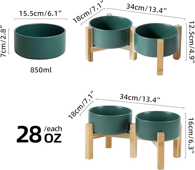 Ceramic Raised Double Bowls Set with Stand, 2 Heights Elevated, Food & Water Bowls for Small Breed Dogs, Weighted Dog Dishes, Pet Bowl(6.1'',28.7oz, Green)