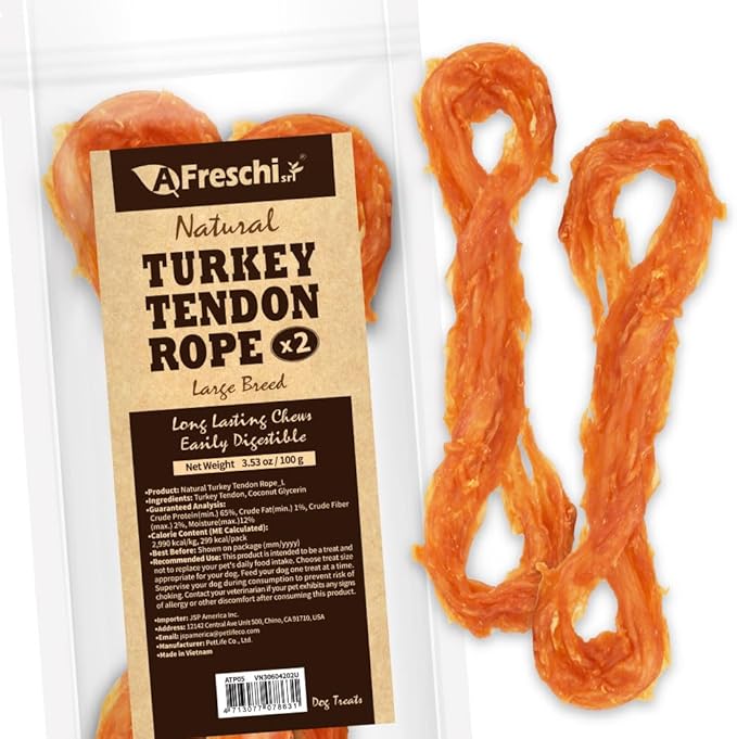 Afreschi Natural Turkey Tendon Rope (L) 3.53 oz, USA-Sourced Turkey Tendon, All Natural Human Grade Dog Chew, Hypoallergenic, Rawhide Alternative, Dog Treats for Large Breeds