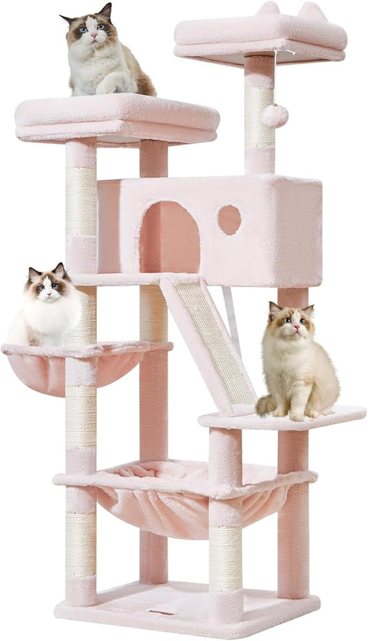 Taoqimiao Cat Tree 57.5-Inch, Cat Tower for Indoor Cats Large Adult, Extra Large Cat Condo, 8 Sisal Scratching Posts, Metal Frame Cozy Hammock, Durable Scratch Board, 2 Top Perches, Jelly Pink MS026P