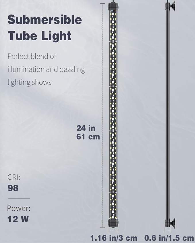 Pawfly 12W Aquarium LED Light 24 Inch 24/7 Fish Tank Light with Full Spectrum White Blue Red Green Lights Multi-Colored LEDs with D/N Mode Single Color Effects Timer and Adjustable Brightness