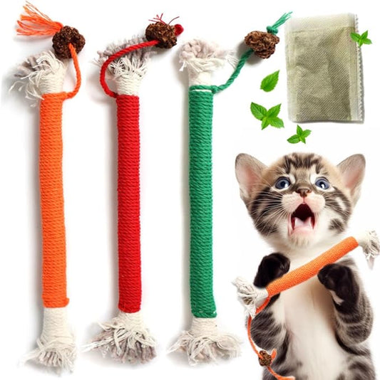 Kitten Toys, Cat Chew Toy for Indoor Cats, Catnip Toys for Teeth Cleaning, Interactive Cat Nip Teething Rope Toys for Cats Kitty, 3 Pack (Include 1 Pack of Catnip)