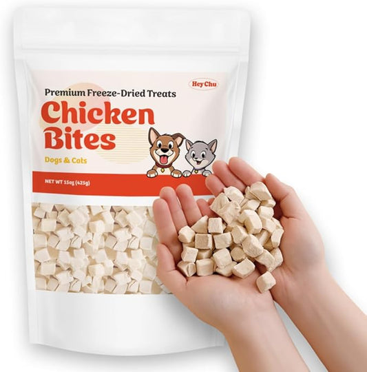 Freeze Dried Raw Single Ingredien Chicken Bite Dog Treats & Cat Treats – 15oz Chicken Breast - High Protein, Grain Free, Bite-Sized, Weight Control Training Treats Snacks
