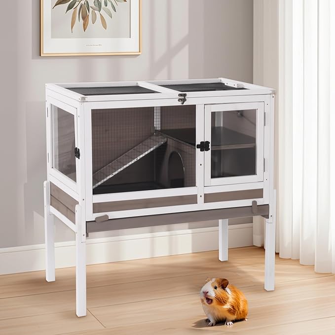 Aivituvin 2-Story Rabbit Hutch with Anti-Chew Ramp & Zinc Sheet - 36.6" Indoor Guinea Pig Cage, Wooden Stand, Pull-Out Tray & Leakproof Floor (Brown)