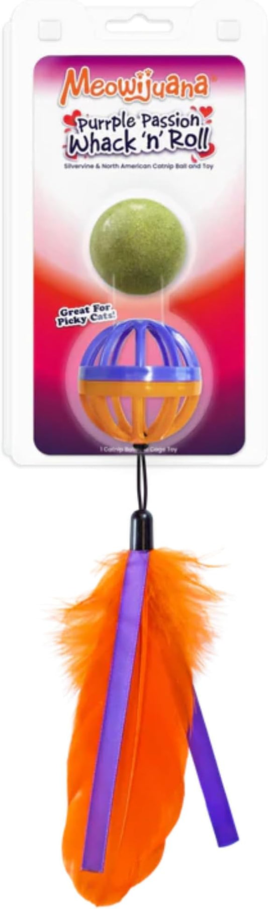 Meowijuana Whack 'n' Roll Compressed Catnip Ball with Cage | Purple Passion | Interactive Cat Toy with Feather | Potent Hand Harvested Catnip Grown in North America