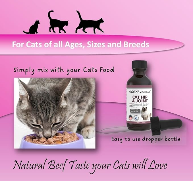 NODENS CAT Hip and Joint Glucosamine for Cats with Chondroitin - Cat Pain Relief from Inflammation - Cat Joint Supplement for Improved Joint Flexibility - Natural Liquid cat Health Supplies 59ml