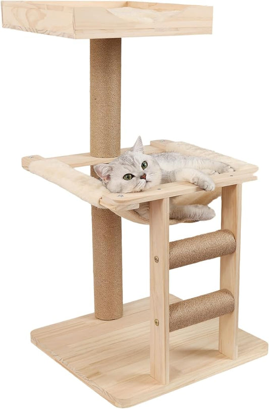 KVIDA Extra-Sturdy Wooden Cat Tree for Large Cats – Modern 3-Level Tower with Hammock, Anti-Tip Sisal Posts & Oversized Perch, Ideal for Indoor Big Cats & Multi-Cat Homes